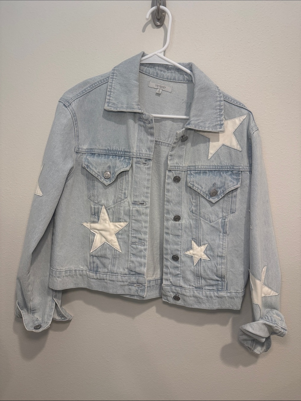 Light Wash Star Appliqué Denim Jacket - Women